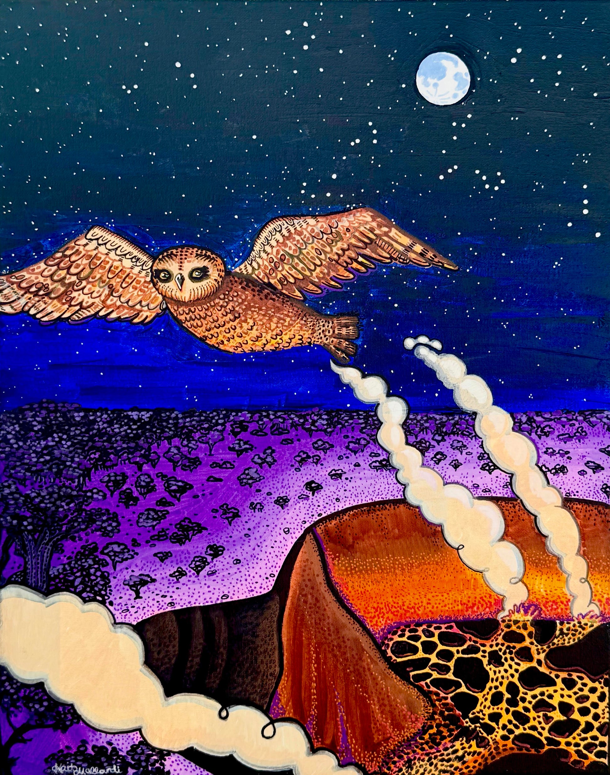 A painting depicting a hawaiian owl flying over halemaumau crater. 