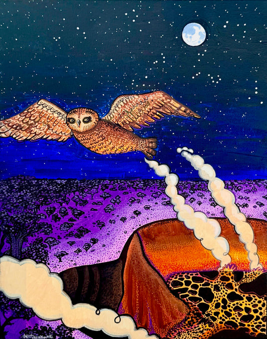 A painting depicting a hawaiian owl flying over halemaumau crater. 